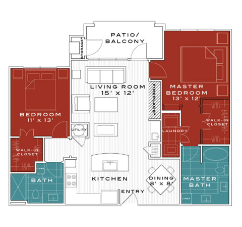 Floor plan for 2 beds, 2 baths, 1200 sqft